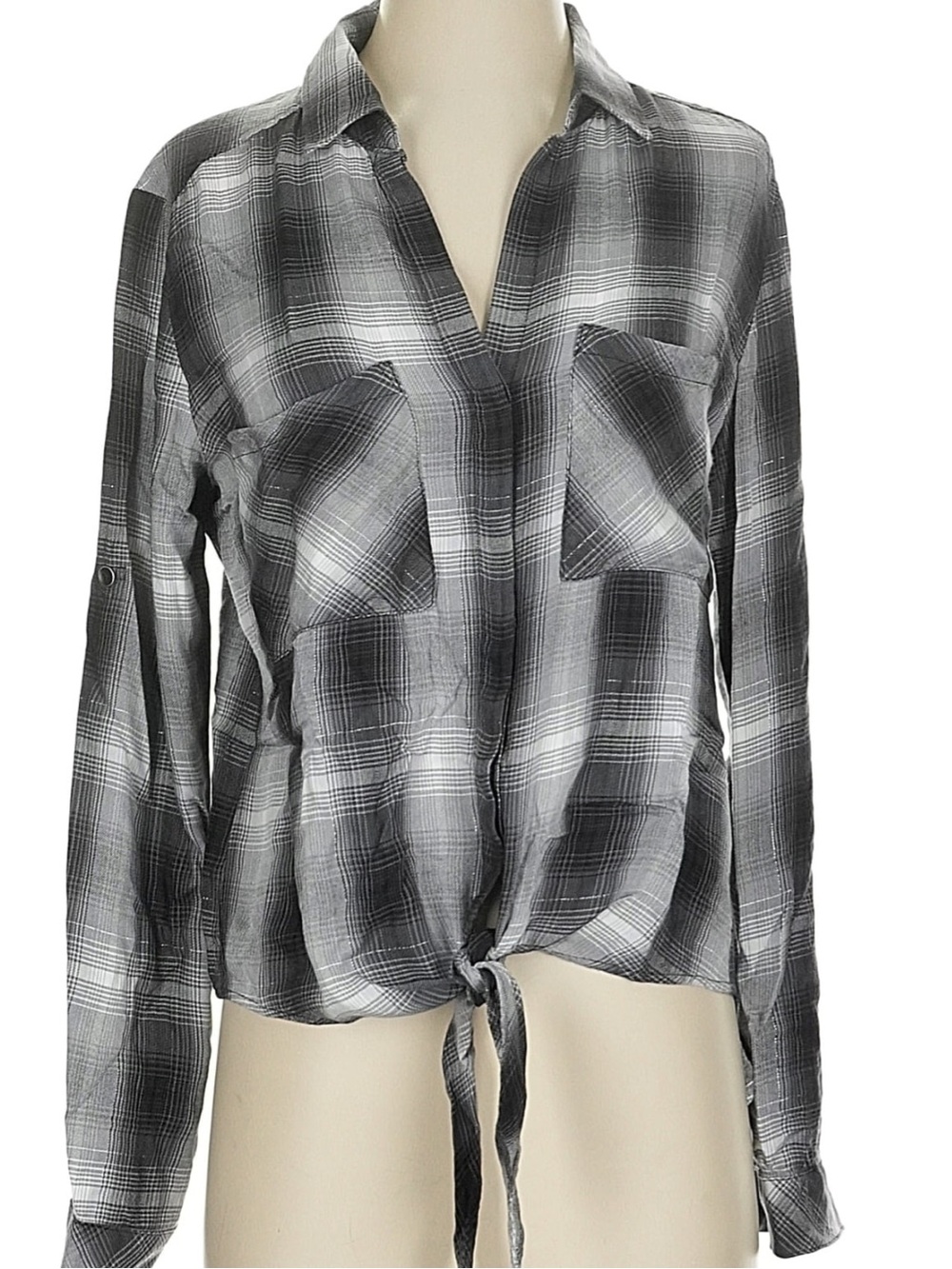 cloth & stone Black and White Plaid Tie-Front Button Down Shirt size L